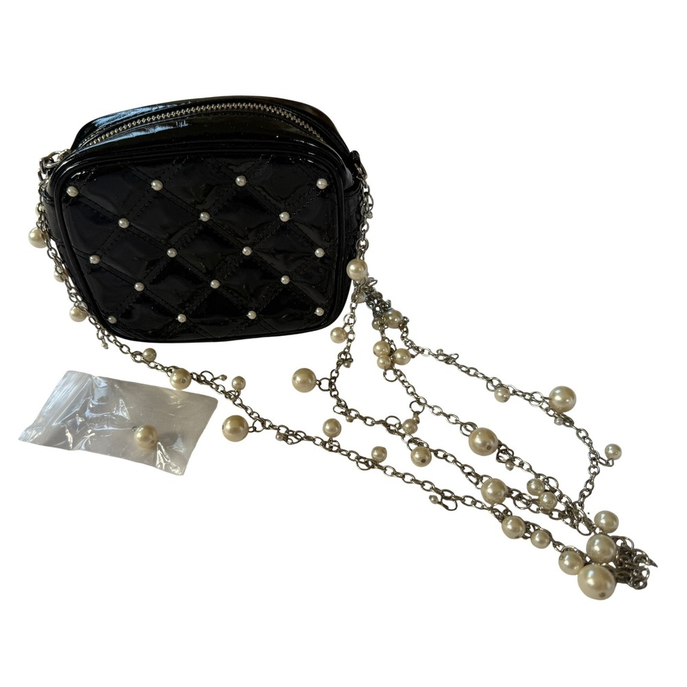 White House Black Market Black Quilted Patent Pearl Crossbody Bag Silver Chain